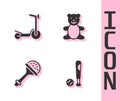 Set Baseball bat with ball, Roller scooter, Rattle baby toy and Teddy bear plush icon. Vector