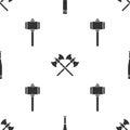 Set Baseball bat, Crossed medieval axes and Battle hammer on seamless pattern. Vector Royalty Free Stock Photo