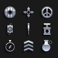 Set Baseball bat, Military rank, Hand grenade, Handle detonator for dynamite, Compass, stick timer clock, Peace and