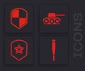 Set Baseball bat, Shield, Military tank and Police badge icon. Vector
