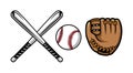 Set of baseball equipment illustrations contains Bat, Gloves and Ball