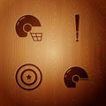 Set Baseball helmet, American football, star shield and bat on wooden background. Vector Royalty Free Stock Photo