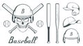 Set of baseball player design elements. Hand drawn Baseball ball. Cartoon baseball helmet. Hand drawn Man Head. Baseball bat. Royalty Free Stock Photo