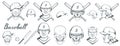 Set of baseball player design elements. Hand drawn Baseball ball. Cartoon baseball helmet. Hand drawn Man Head. Baseball bat.
