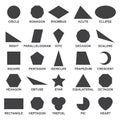 Set of basic geometric shapes. Black image of great many shapes including the square, rectangle and triangle. Vector