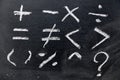 Set of basic math symbol draw by white chalk on blackboard background