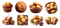 Set of basic plain classic muffin, rattan basket, takeout box plastic bag with jam spread, transparent cutout PNG Royalty Free Stock Photo