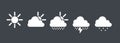 Set of basic weather icons, sun, cloud, storm, lightning, snow. Black and white vector illustration