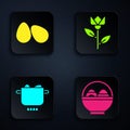 Set Basket with easter eggs, Easter eggs, Egg in hot pot and Flower tulip. Black square button. Vector Royalty Free Stock Photo