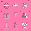 Set Basket, Pickup truck, Shield with pig, Granary, Garden pitchfork, Roll of hay, rake and Rubber gloves icon. Vector