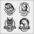 Set of basketball badges, labels and design elements. Sport club emblems with pitbull, owl, bobcat and polar bear. Print design fo