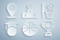 Set Basketball ball, and basket, training, Award cup with basketball, Sports winner podium and Location icon. Vector