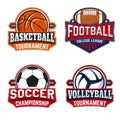 Set of basketball, football, soccer, volleyball labels templates