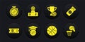 Set Basketball game ticket, training, Award cup with basketball, Sports winner podium, and and Stopwatch icon. Vector