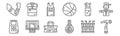 Set of 12 basketball icons. outline thin line icons such as time out, medal, hoop, bottle, basketball jersey, backpack Royalty Free Stock Photo