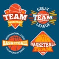 Set of basketball labels with balls and ribbons. Vector