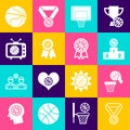 Set Basketball medal, and basket, Sports winner podium, backboard, award, match on tv, and icon. Vector Royalty Free Stock Photo