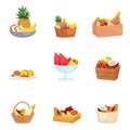 Set of baskets, bowls, dishes, vases with different fruits over white background