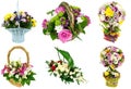 Set of baskets of fresh flowers, gift, isolated on white background