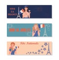 Set of Bastille Day banners with girls holding the flag of France.