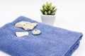 Set of bath towels with dried flowers and blue sea stones Royalty Free Stock Photo