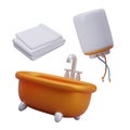 Set of bath, white towel and boiler for heating water