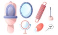 Set of bathroom accessories toilet bowl, mirror, plunger, soap, scissors, bath sponge. Vector illustration in a flat Royalty Free Stock Photo