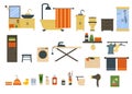 Set with bathroom and laundry interior elements. Vector. Royalty Free Stock Photo