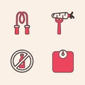 Set Bathroom scales, Jump rope, Carrot on fork and No alcohol icon. Vector