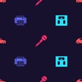 Set Bathroom scales, Printer, Microphone and Car on seamless pattern. Vector Royalty Free Stock Photo