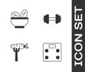 Set Bathroom scales, Salad in bowl, Carrot on fork and Dumbbell icon. Vector