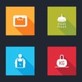 Set Bathroom scales, Shower, Bodybuilder and Weight icon. Vector Royalty Free Stock Photo