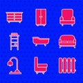 Set Bathtub, Armchair, Heating radiator, Sofa, Table lamp, Bathroom rack with shelves for towels, and Chest drawers icon