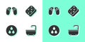 Set Bathtub, Flip flops, Water drop and Sponge icon. Vector