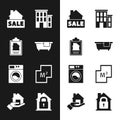 Set Bathtub, House contract, Hanging sign with Sale, Washer, plan, under protection and Realtor icon. Vector