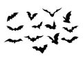 Set bats. Collection of bats. Flying bats. Halloween. Set of black silhouettes. Cartoon bats. Line art. Drawing by hand