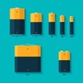 Set of batteries of different sizes. AAAA, AAA, D, C and AA batteries. Kinds of batteries.