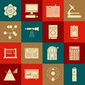 Set Battery, Calculator, Clipboard with document, Open science book, Telescope, Molecule, Atom and Book icon. Vector Royalty Free Stock Photo