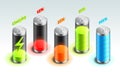 Set of battery charge isometric icon, accumulator indicator, from full charge to discharged, isometric battery vector Royalty Free Stock Photo