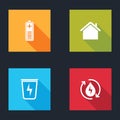 Set Battery charge level indicator, House, Lightning with trash can and Recycle clean aqua icon. Vector