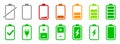 Set of battery charge level indicator icons, level battery energy collection, discharged and fully charged battery signs Royalty Free Stock Photo