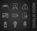 Set Battery charge level indicator, Light bulb with concept of idea, emitting diode, Electric plug, Electrical measuring Royalty Free Stock Photo