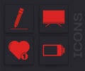 Set Battery charge level indicator, Pencil with eraser, Smart Tv and Like and heart icon. Vector