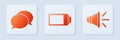 Set Battery charge level indicator, Speech bubble chat and Speaker volume. White square button. Vector Royalty Free Stock Photo