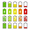 Set of battery charge level indicators on white background. Cell phone, smartphone electric charge, battery energy icons