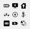 Set Battery, Electric plug, Smart house and light bulb, Electrical outlet, Earth globe leaf, car and Recharging icon Royalty Free Stock Photo
