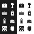 Set Battery, Heating radiator, Car battery, Table lamp, Sport bottle with water and Cake burning candles icon. Vector