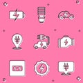 Set Battery, LED light bulb, Electric car, plug, Check engine, Electrical outlet and Lightning bolt icon. Vector Royalty Free Stock Photo