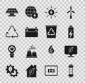 Set Battery, Location with leaf, Solar energy panel, Car battery, Recycle symbol, and bin recycle icon. Vector Royalty Free Stock Photo