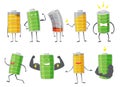 Set of Battery man standing, smile, sad or running. Full charged green battery. Low yellow and red indication. Element